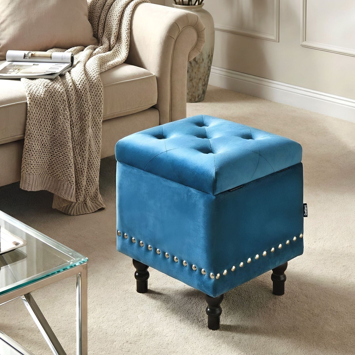 Footstool Velvet Dark Blue Tufted Nailhead Trim