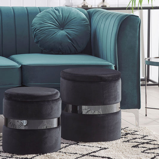 Velvet Pouffes Set Of 2 Black Metallic Band Footstools
