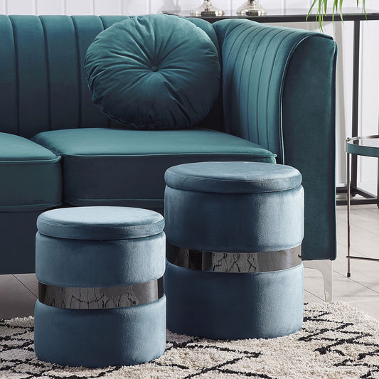 Velvet Storage Pouffes Set Of Two Light Blue Footstools With Metallic Band