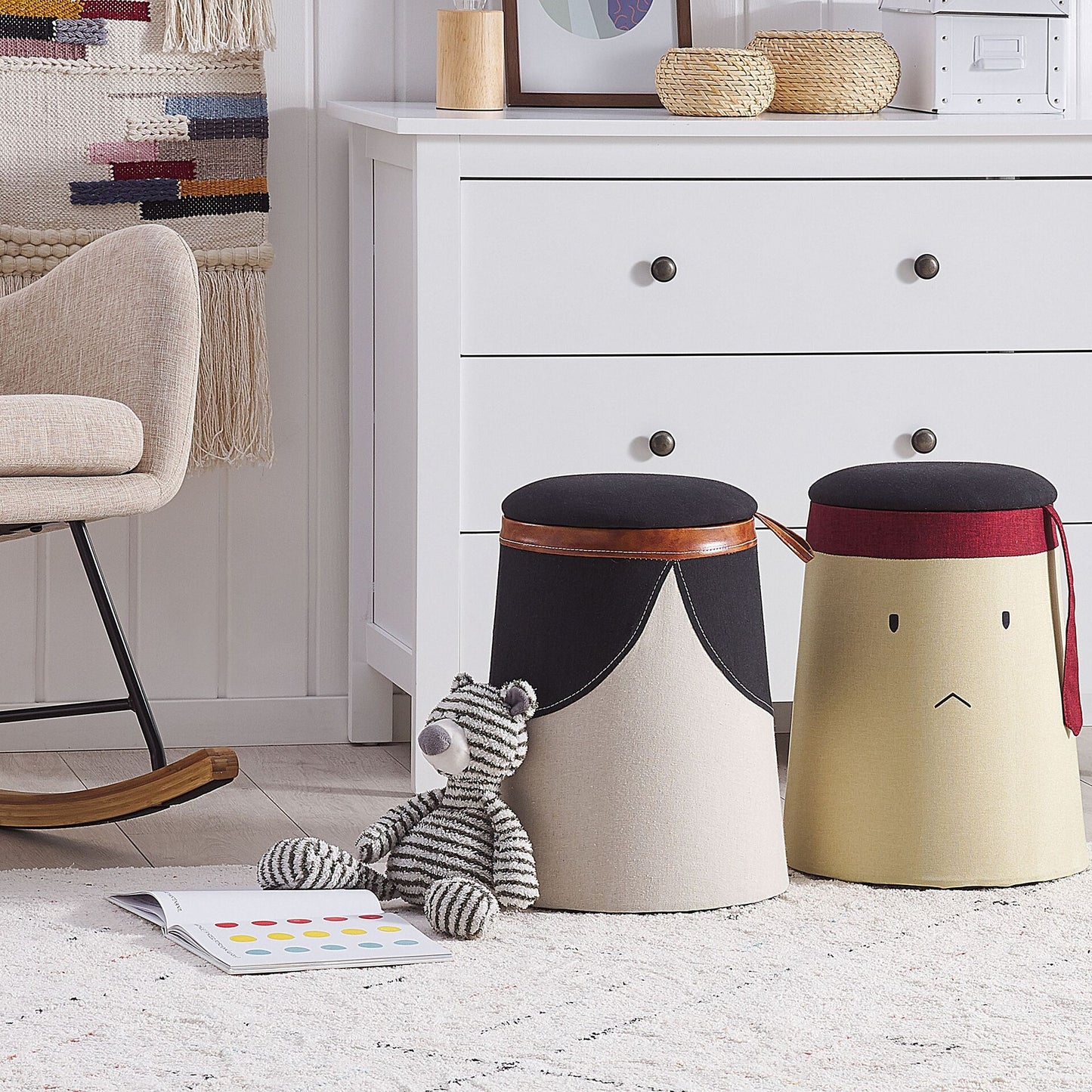 Kids Pouffe Beige Faux Linen Upholstered Footstool With Hidden Storage Compartment