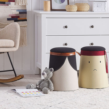 Kids Pouffe Beige Faux Linen Upholstered Footstool With Hidden Storage Compartment