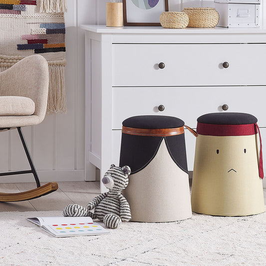 Kids Pouffe Beige Faux Linen Upholstered Footstool With Hidden Storage Compartment