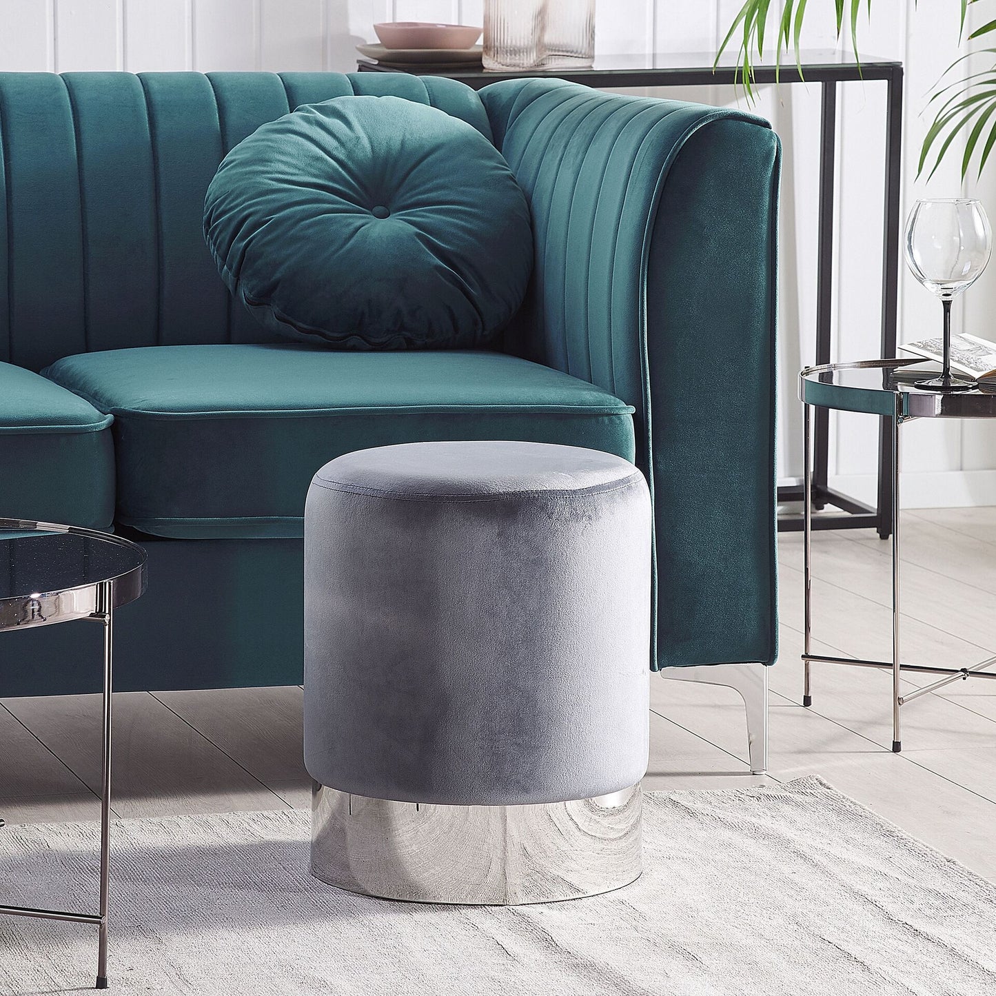 Velvet Pouffe Grey With Silver Band