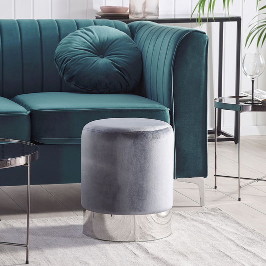 Velvet Pouffe Grey With Silver Band