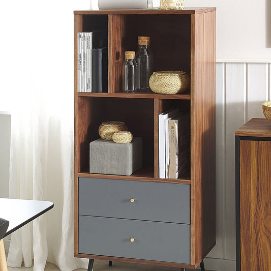 Aurora Home Bookcase Dark Walnut With Grey MDF 139 X 60 X 40 Cm Storage Unit With Drawers Modern