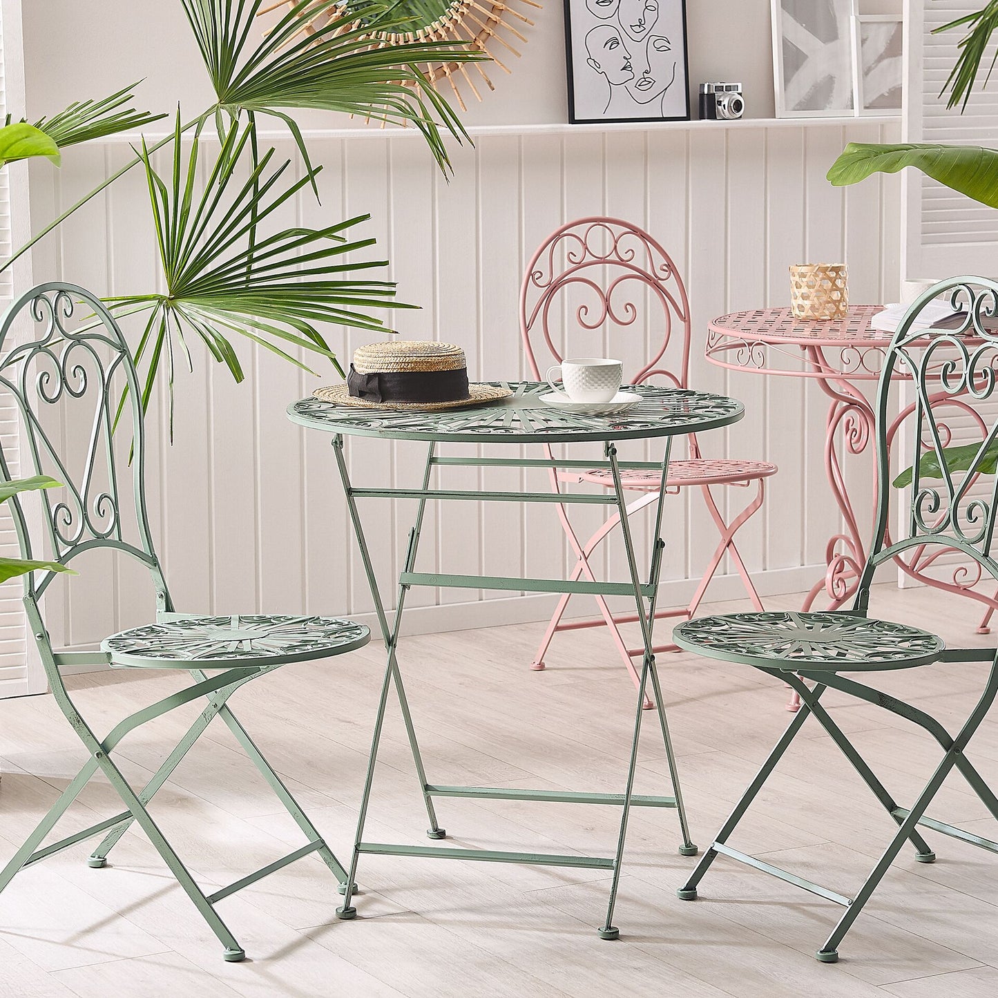 Outdoor Bistro Table Green Metal Folding Vintage Distressed Finish For Small Balcony