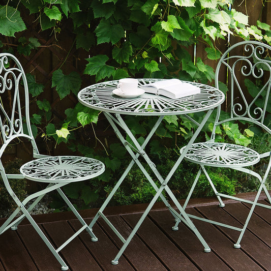 Outdoor Bistro Set Green Metal Folding Chairs Round Table