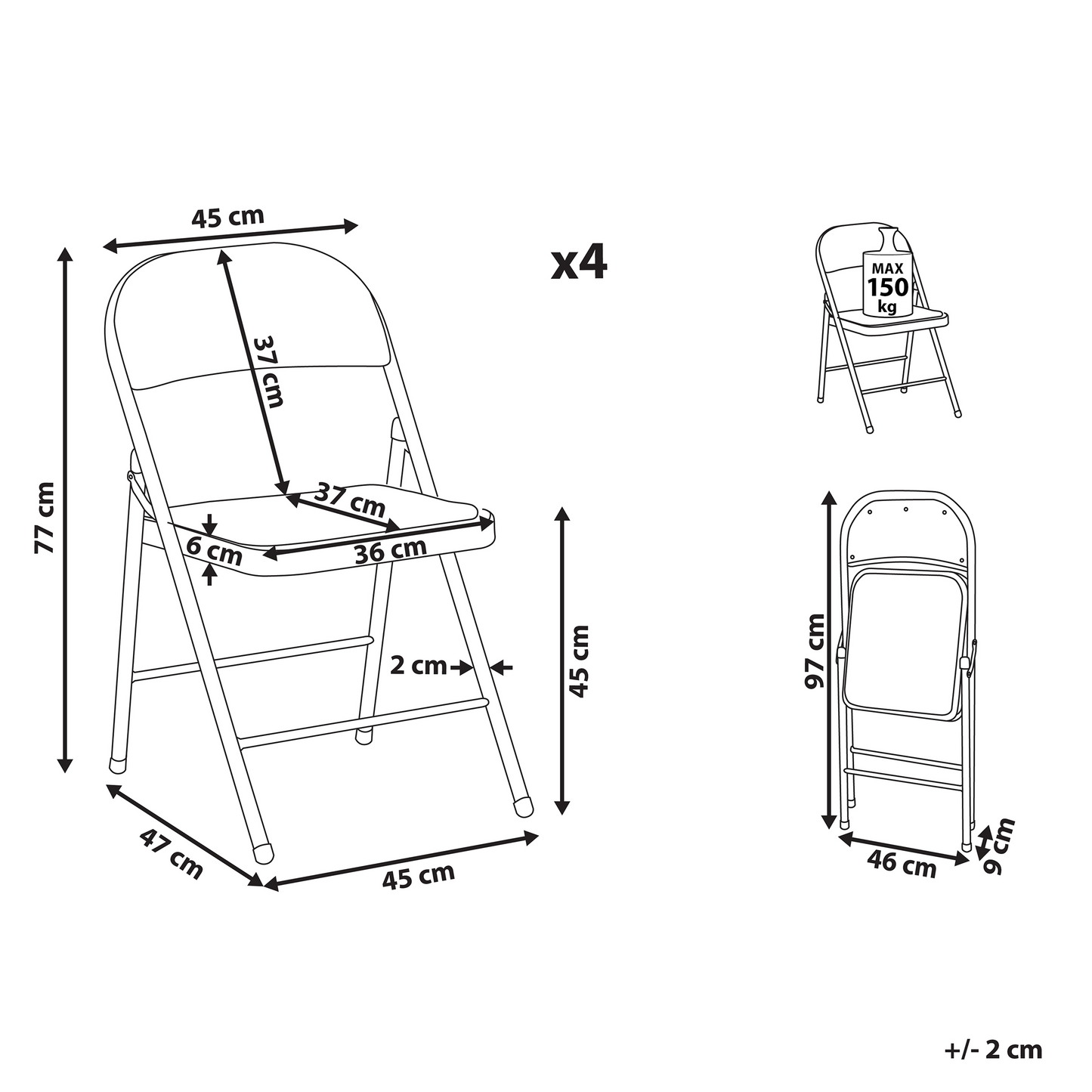 4 Pack Folding Chairs Black Metal Frame Padded Seats