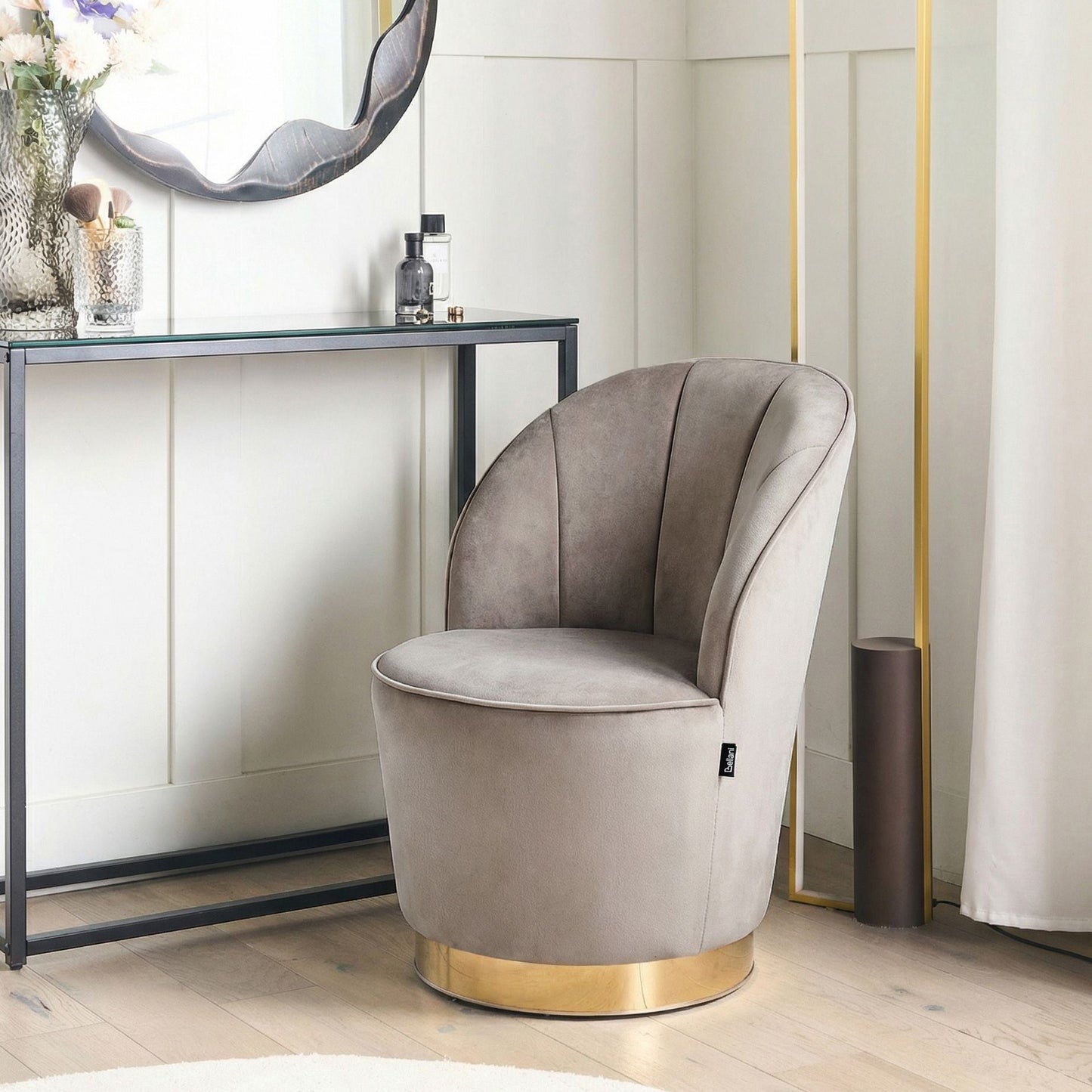 Velvet Armchair Light Beige With Gold Metal Base Round Tub Chair Glam Retro Living Room