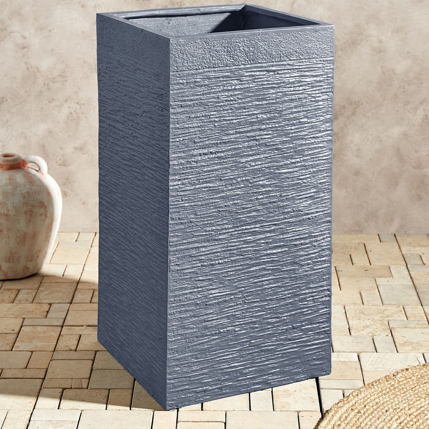 Grey Fibre Clay Tall Square Plant Pot Planter Indoor Outdoor Gardens Collection