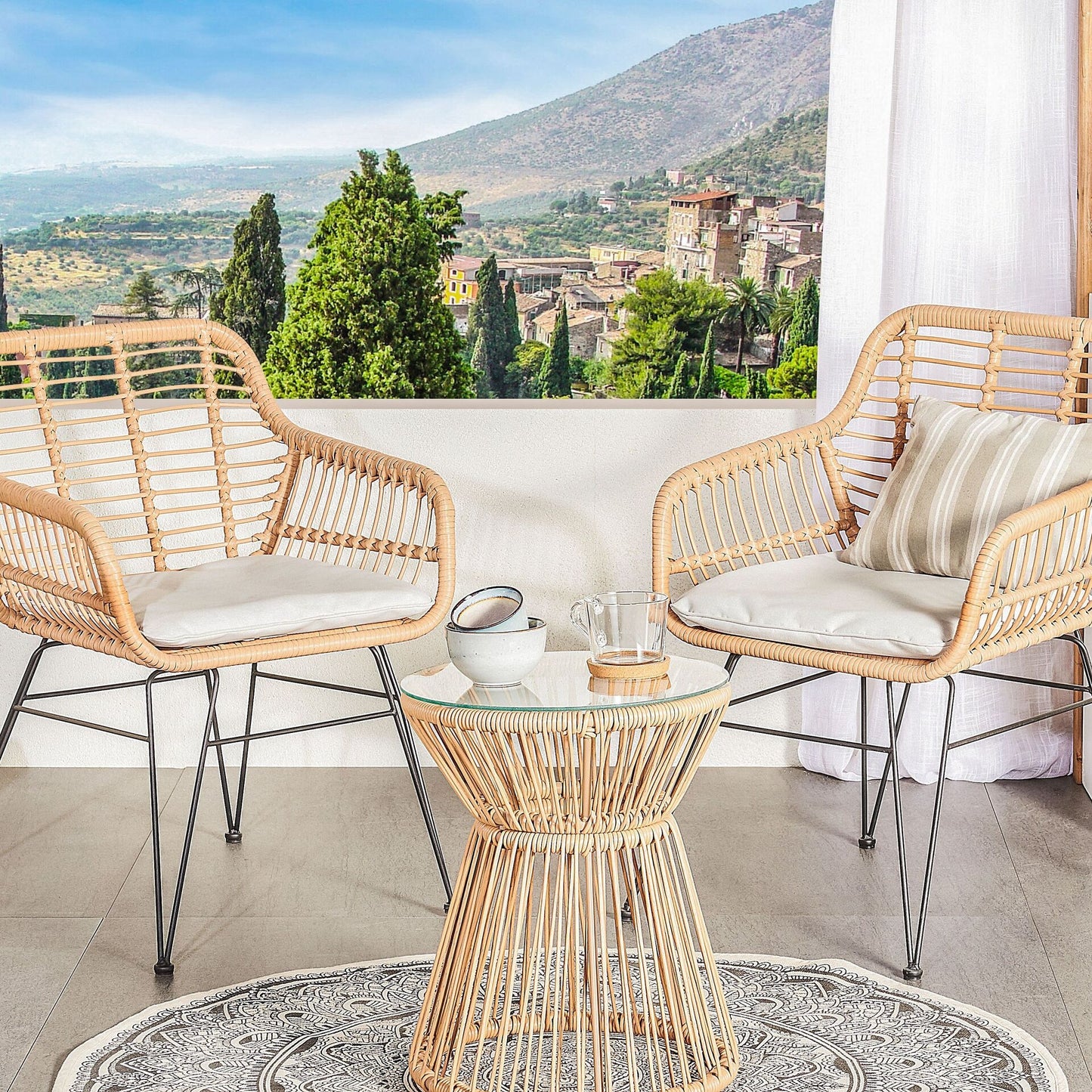 Bistro Set Faux Rattan Outdoor 2 Seater Grey Cushions