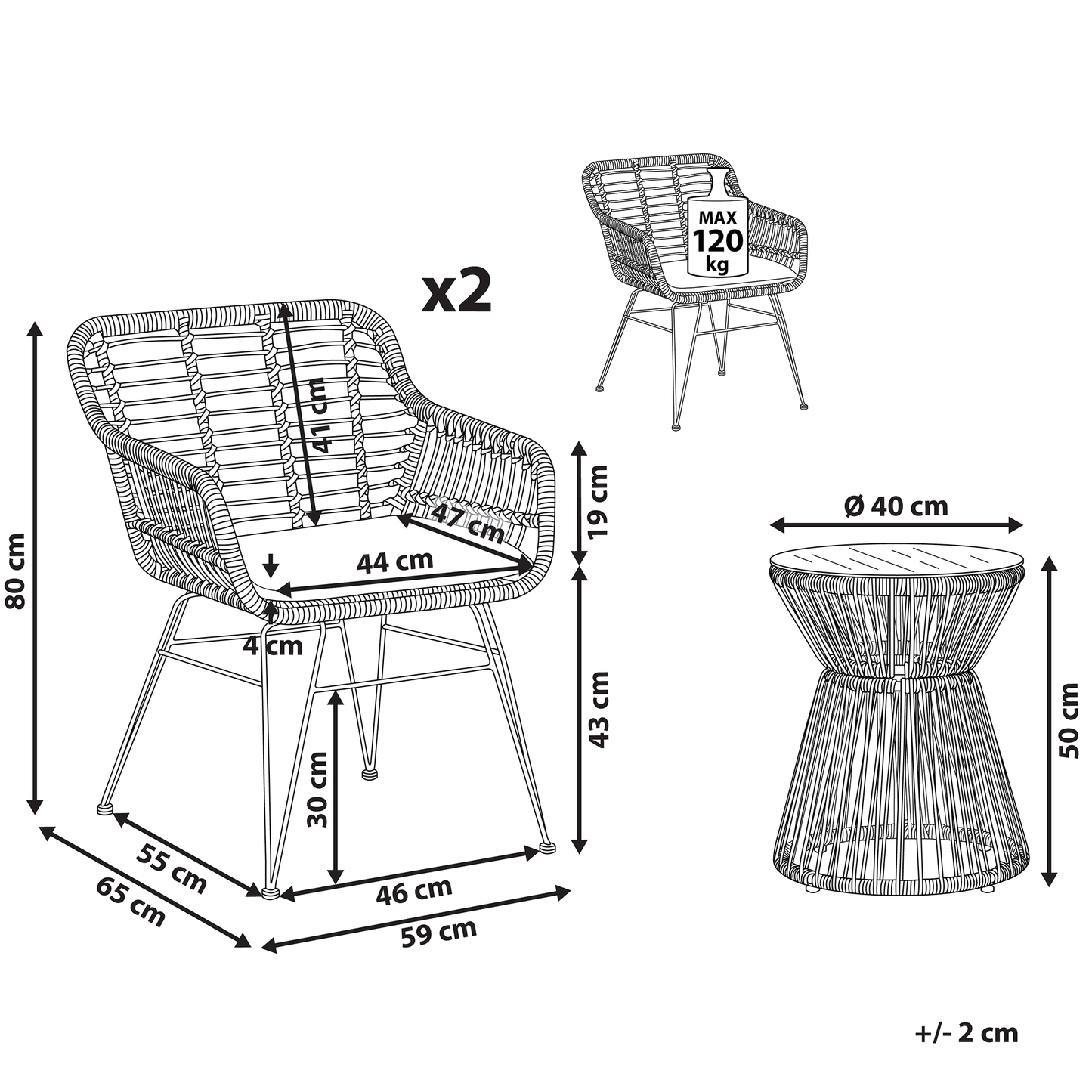 Bistro Set Faux Rattan Outdoor 2 Seater Grey Cushions