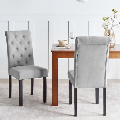 Set 2 Grey Fabric Dining Chairs Glam Modern Black Wood Legs