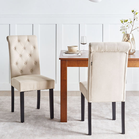 Sand Beige Fabric Dining Chairs Set of 2 Black Wood Legs