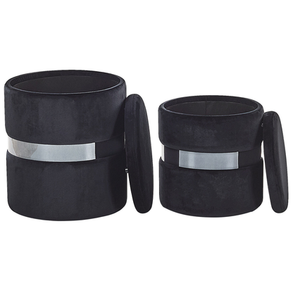 Velvet Pouffes Set Of 2 Black Metallic Band Footstools