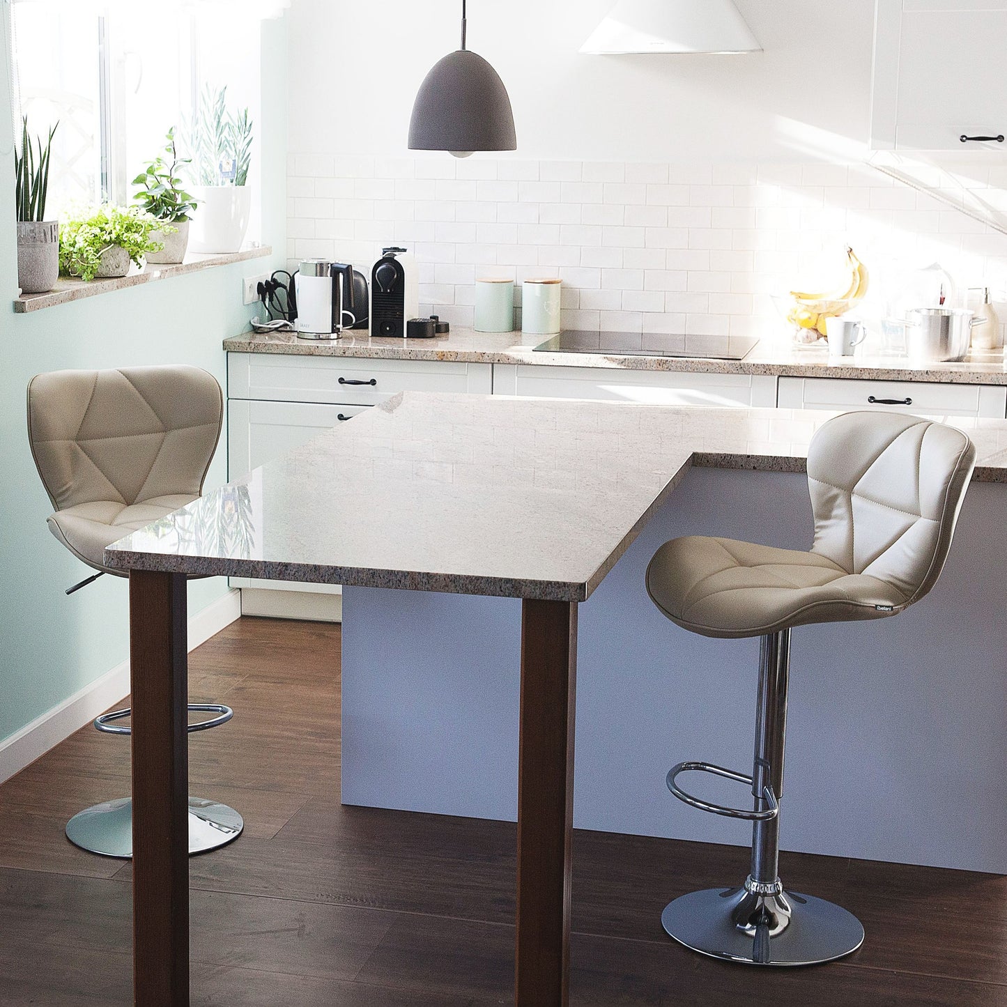 Living Set of 2 Beige Faux Leather Swivel Adjustable Bar Stools