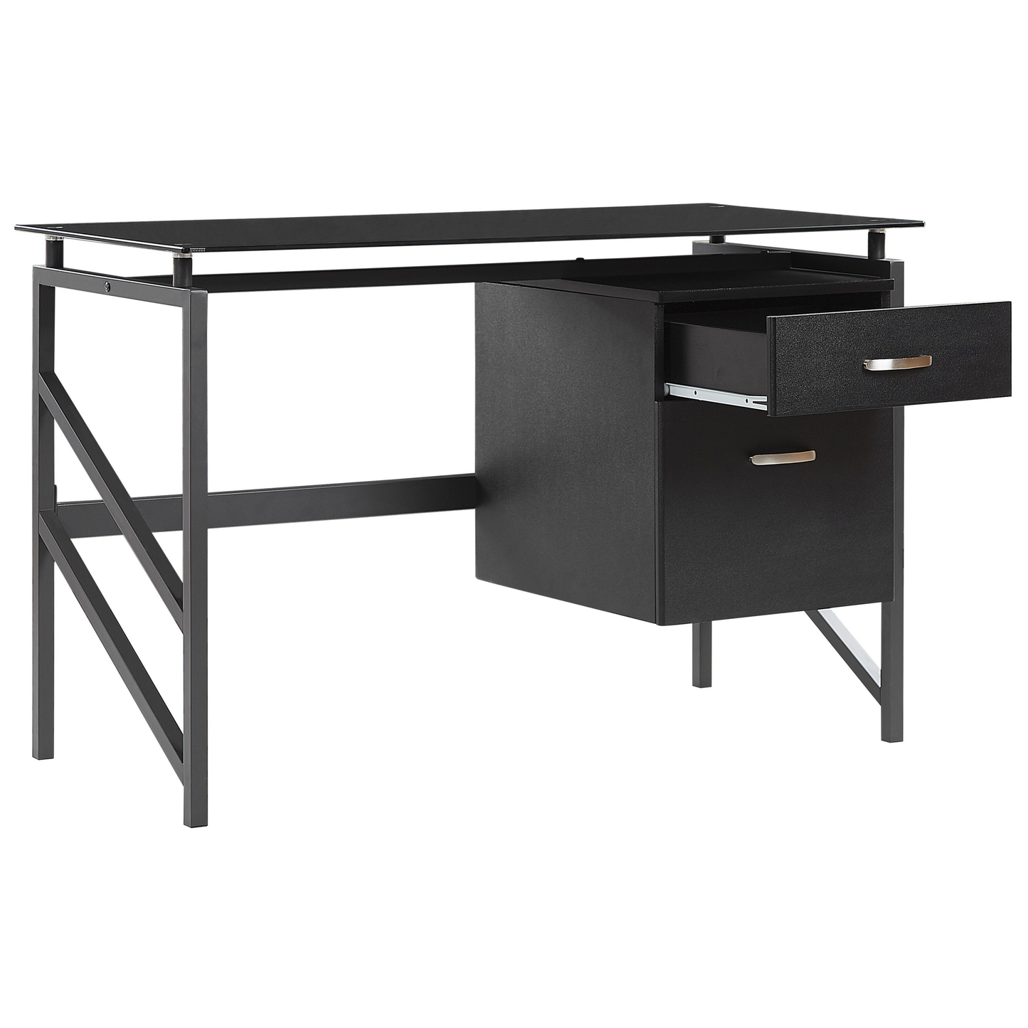 Black Tempered Glass Top Home Office Desk 117 By 57cm With Metal Frame And Two Drawers