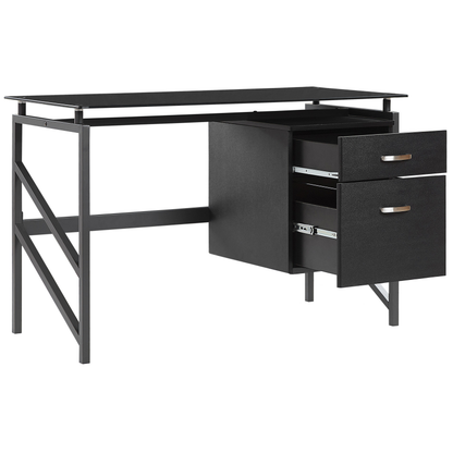 Black Tempered Glass Top Home Office Desk 117 By 57cm With Metal Frame And Two Drawers