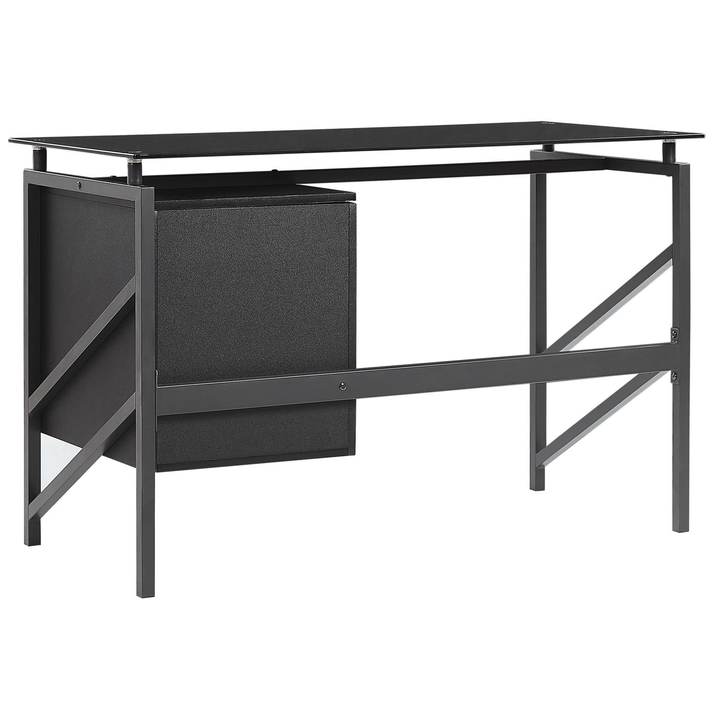 Black Tempered Glass Top Home Office Desk 117 By 57cm With Metal Frame And Two Drawers