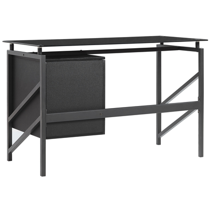 Black Tempered Glass Top Home Office Desk 117 By 57cm With Metal Frame And Two Drawers