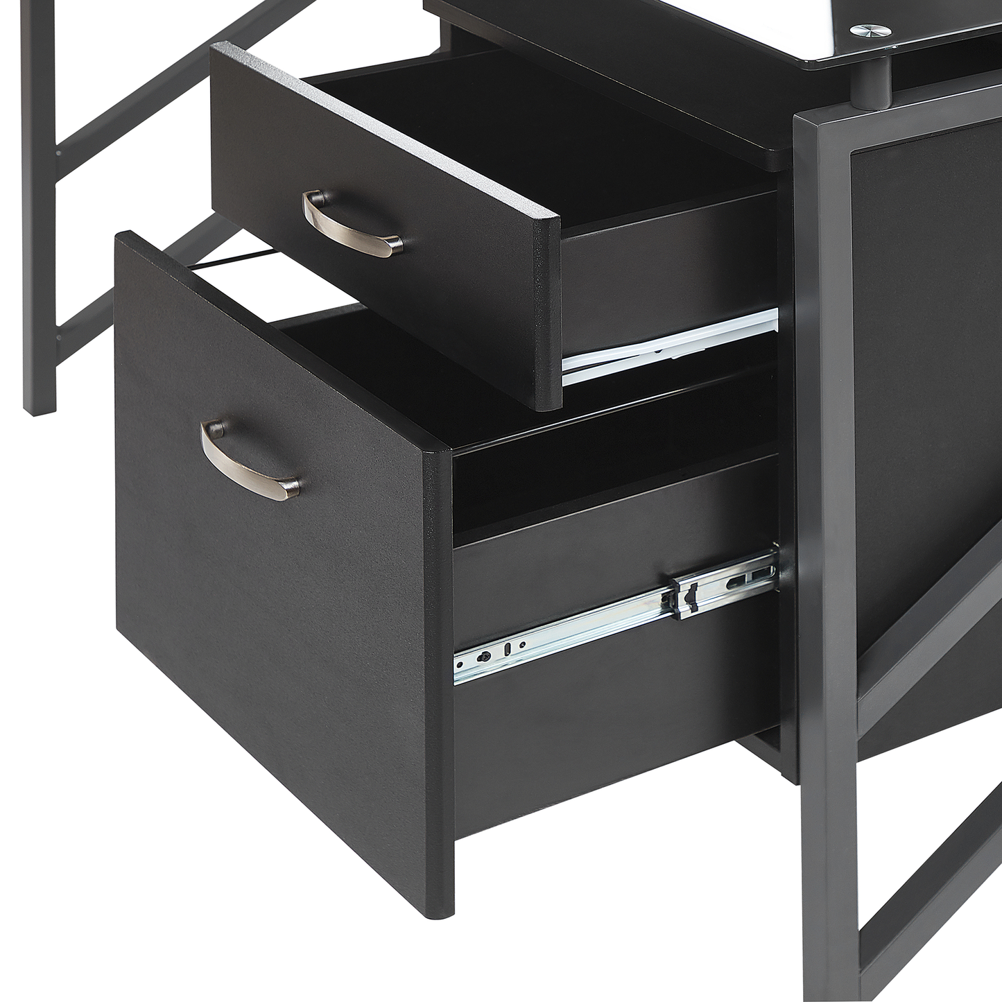 Black Tempered Glass Top Home Office Desk 117 By 57cm With Metal Frame And Two Drawers