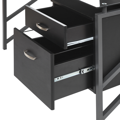 Black Tempered Glass Top Home Office Desk 117 By 57cm With Metal Frame And Two Drawers