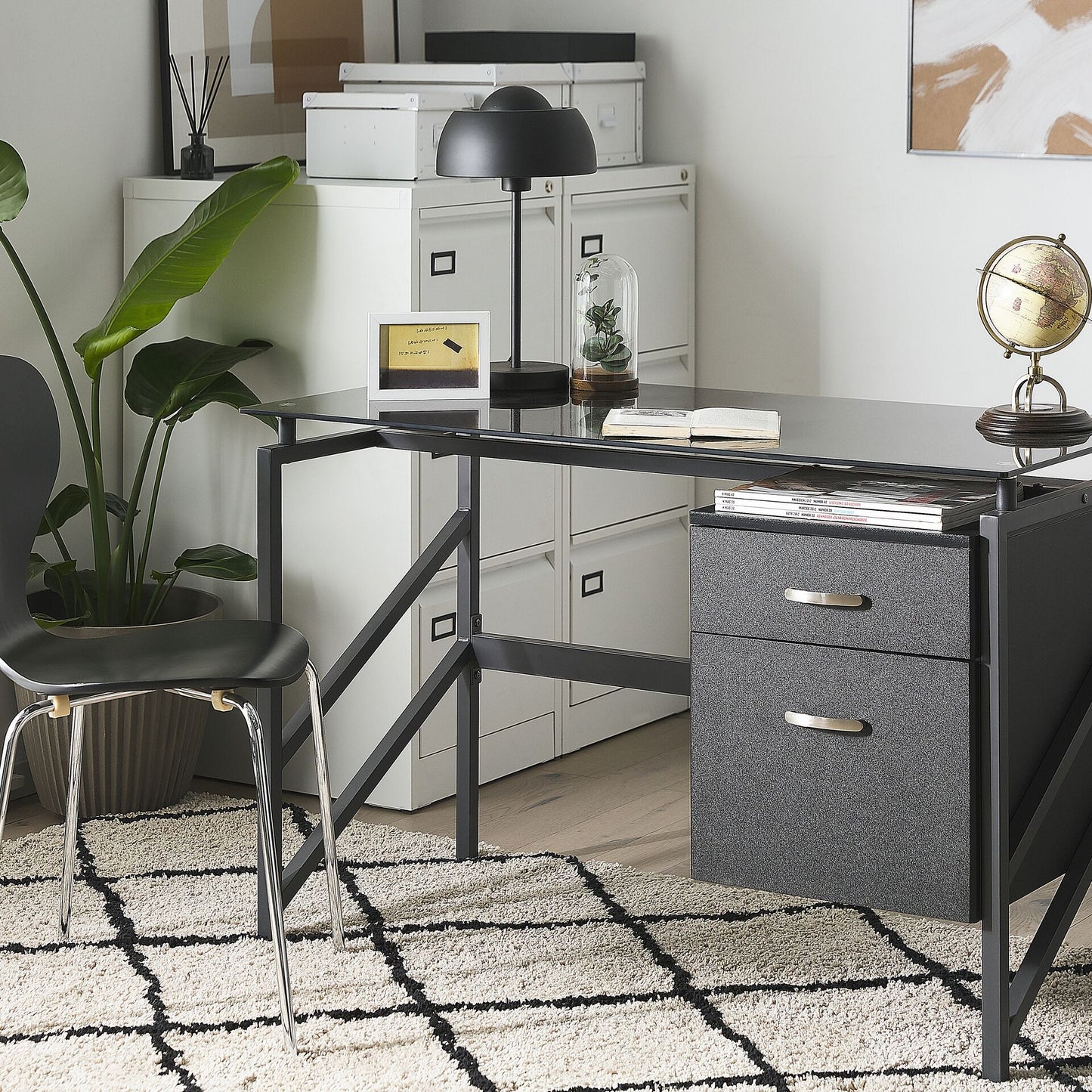 Black Tempered Glass Top Home Office Desk 117 By 57cm With Metal Frame And Two Drawers