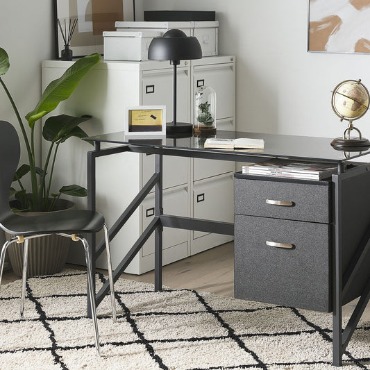 Black Tempered Glass Top Home Office Desk 117 By 57cm With Metal Frame And Two Drawers