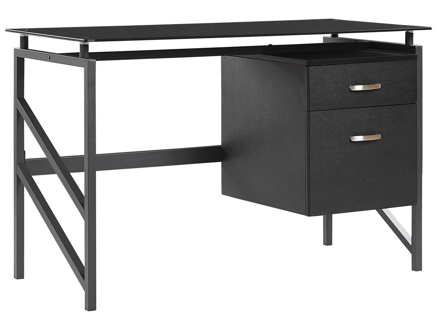 Black Tempered Glass Top Home Office Desk 117 By 57cm With Metal Frame And Two Drawers