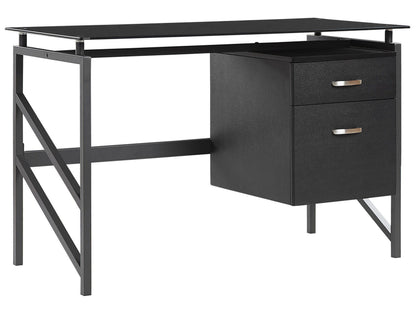 Black Tempered Glass Top Home Office Desk 117 By 57cm With Metal Frame And Two Drawers