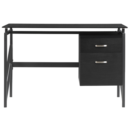 Black Tempered Glass Top Home Office Desk 117 By 57cm With Metal Frame And Two Drawers