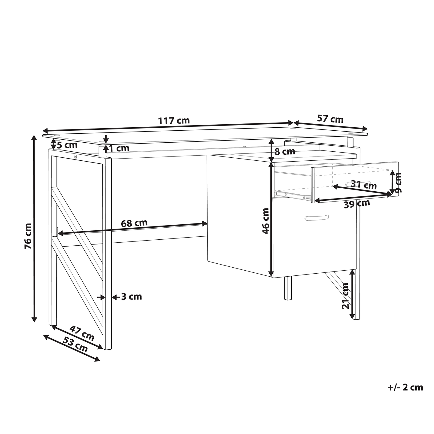 Black Tempered Glass Top Home Office Desk 117 By 57cm With Metal Frame And Two Drawers