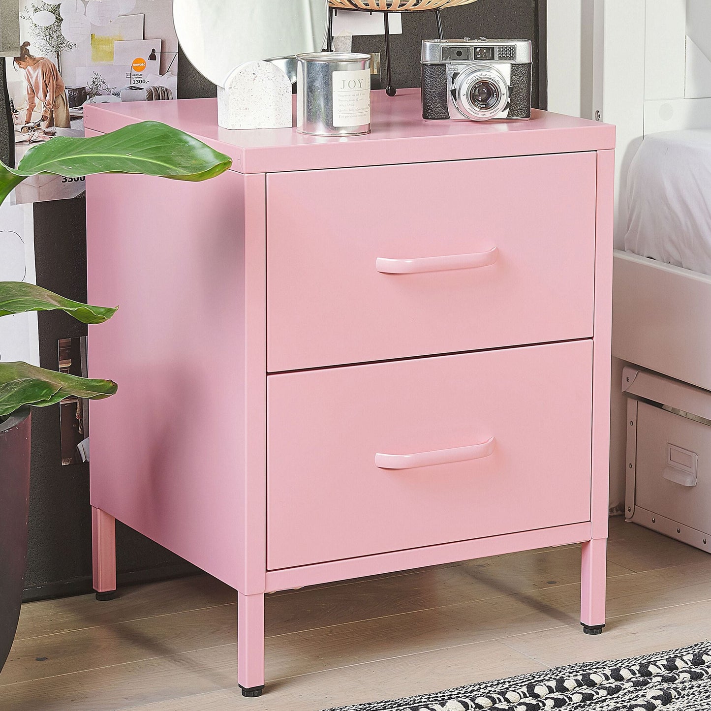 Home Pink Steel Bedside Table With 2 Drawers