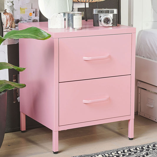 Home Pink Steel Bedside Table With 2 Drawers