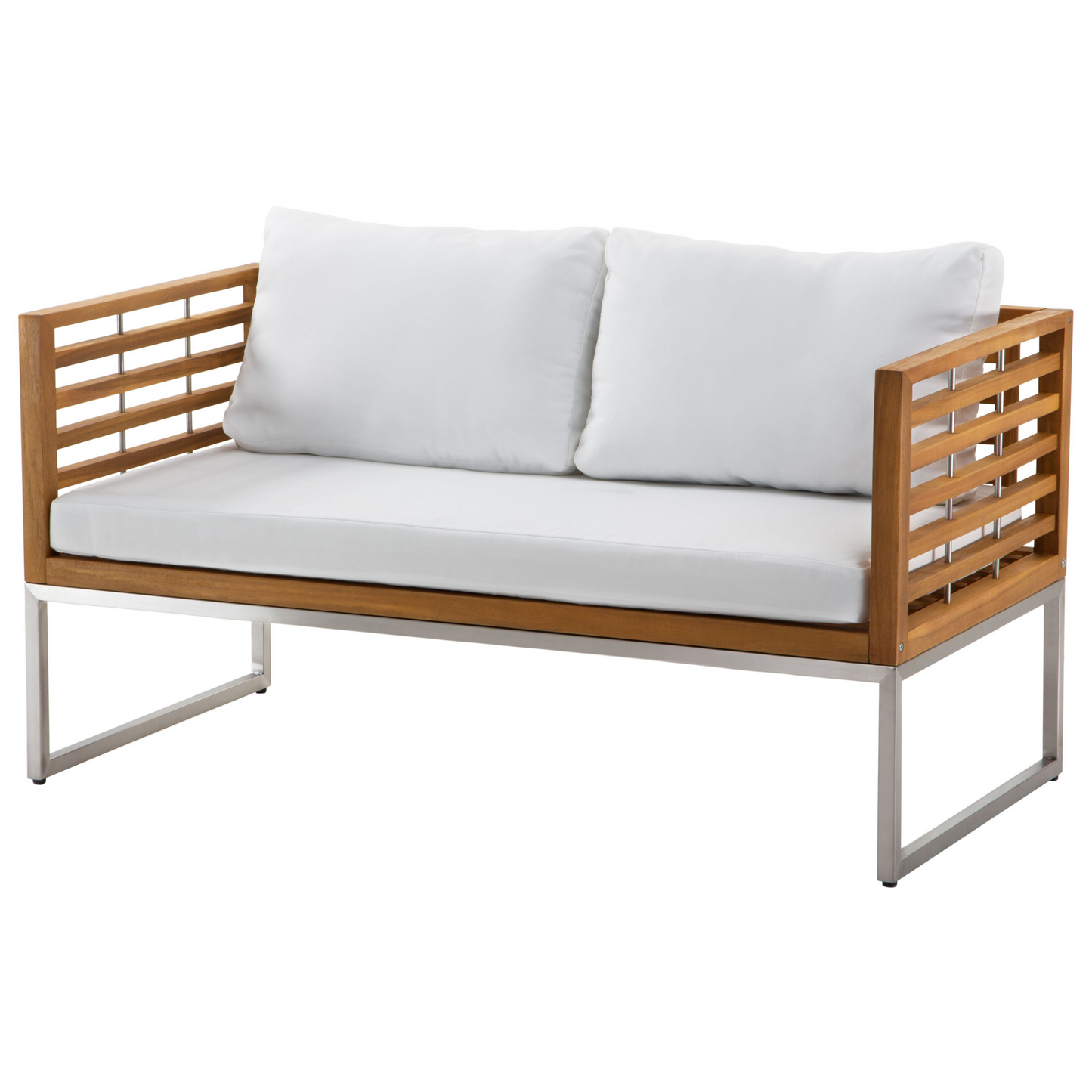 Outdoor Acacia Wood 4 Seater Garden Sofa Set With White Cushions Slatted Design