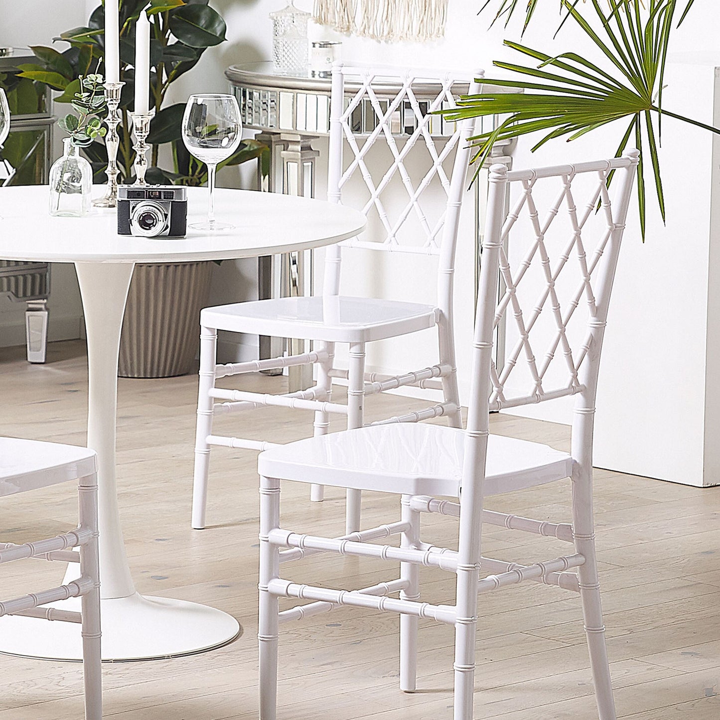 Set Of 2 White Synthetic Dining Chairs With Slatted Back Armless Vintage Modern Design