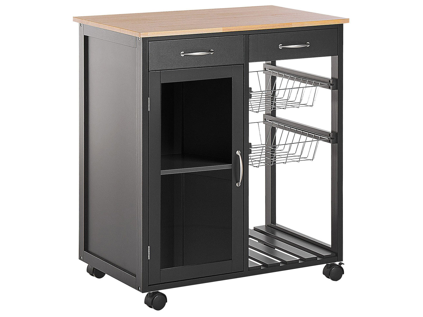 Kitchen Trolley Black Pine Wood With 2 Drawers 1 Cabinet 2 Racks Castors Living Room