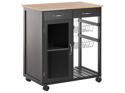 Kitchen Trolley Black Pine Wood With 2 Drawers 1 Cabinet 2 Racks Castors Living Room