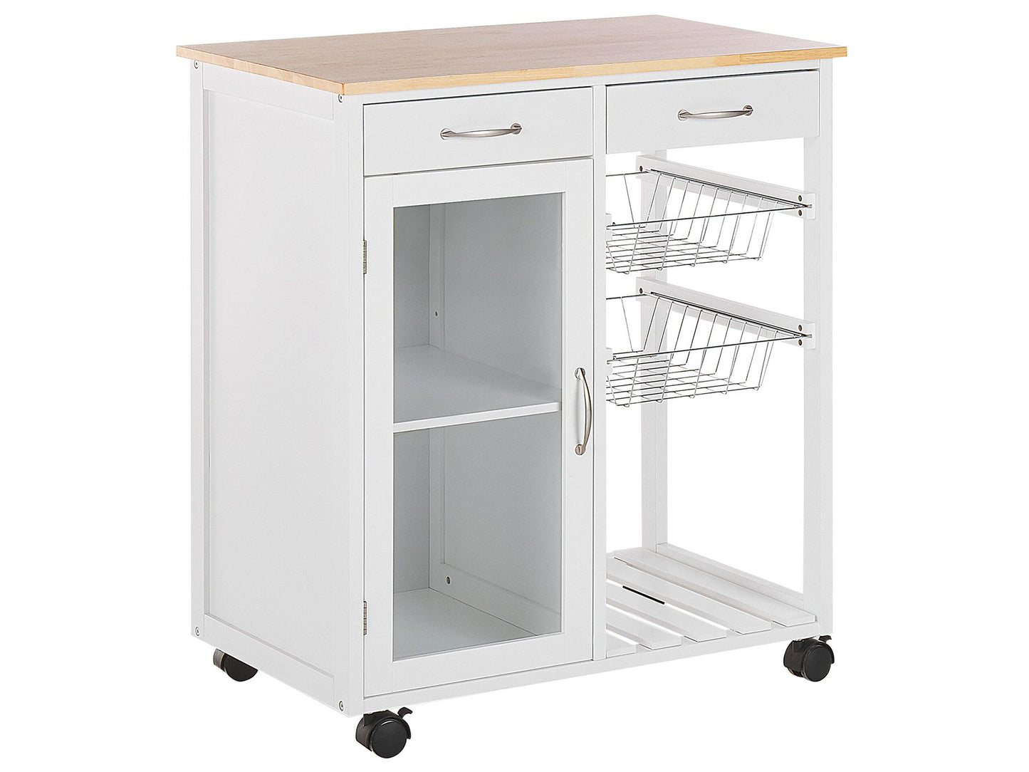 White Pine Kitchen Trolley With 2 Drawers 1 Cabinet 2 Racks Castors For Living Room