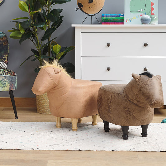 YourBrand Kids Animal Horse Stool Brown Fabric Leather Look Footstool With Wooden Legs