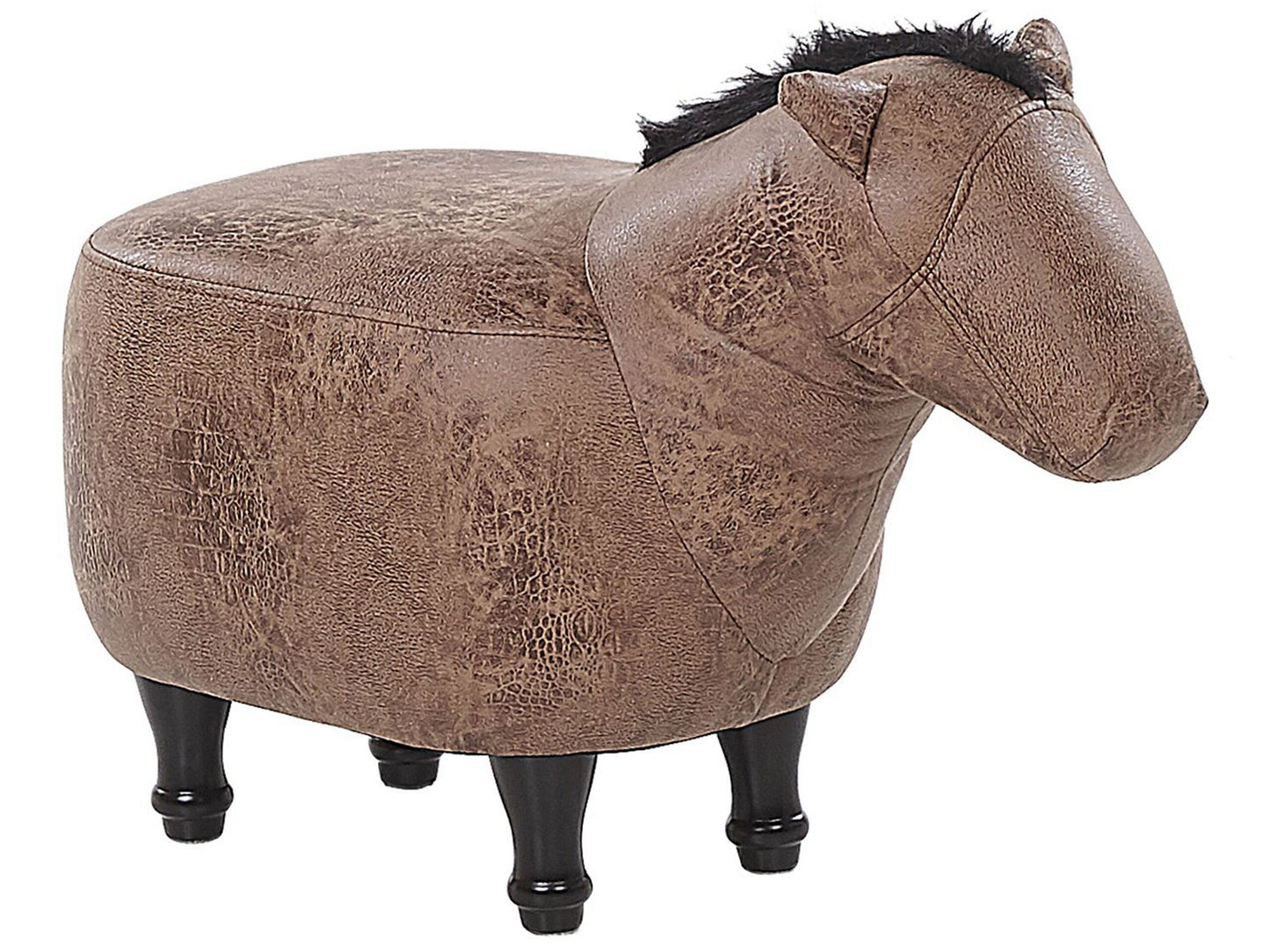 Kids Animal Horse Stool Brown Fabric Leather Look Footstool With Wooden Legs