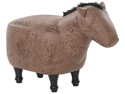 Kids Animal Horse Stool Brown Fabric Leather Look Footstool With Wooden Legs