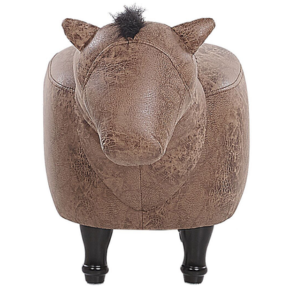Kids Animal Horse Stool Brown Fabric Leather Look Footstool With Wooden Legs