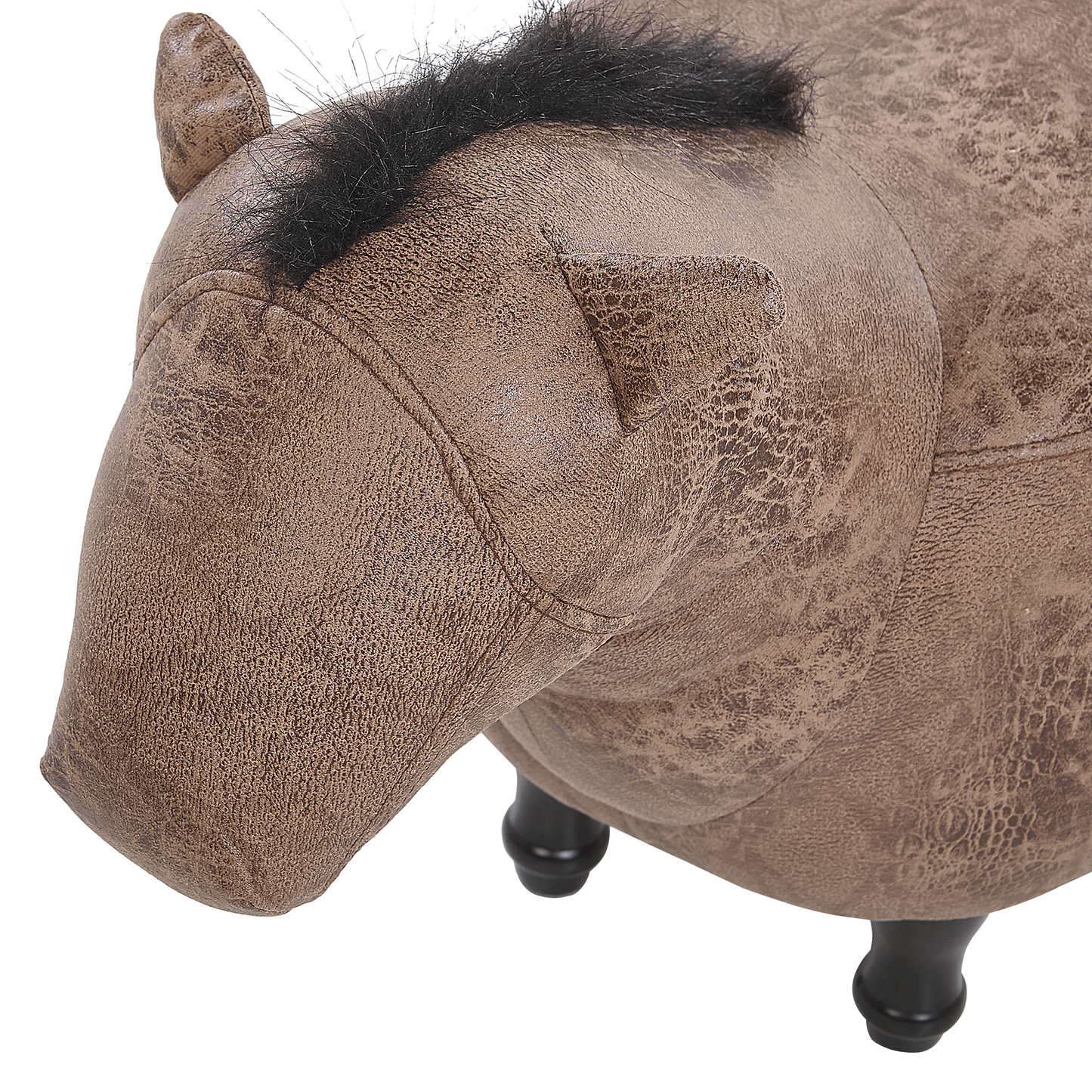 Kids Animal Horse Stool Brown Fabric Leather Look Footstool With Wooden Legs