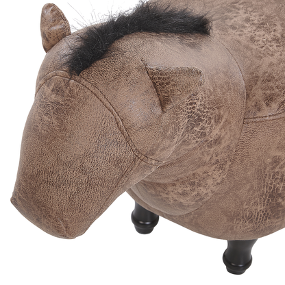 Kids Animal Horse Stool Brown Fabric Leather Look Footstool With Wooden Legs