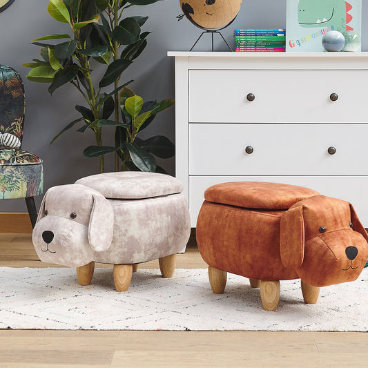 VelvetNest Beige Kids Animal Stool With Storage Footstool Wooden Legs