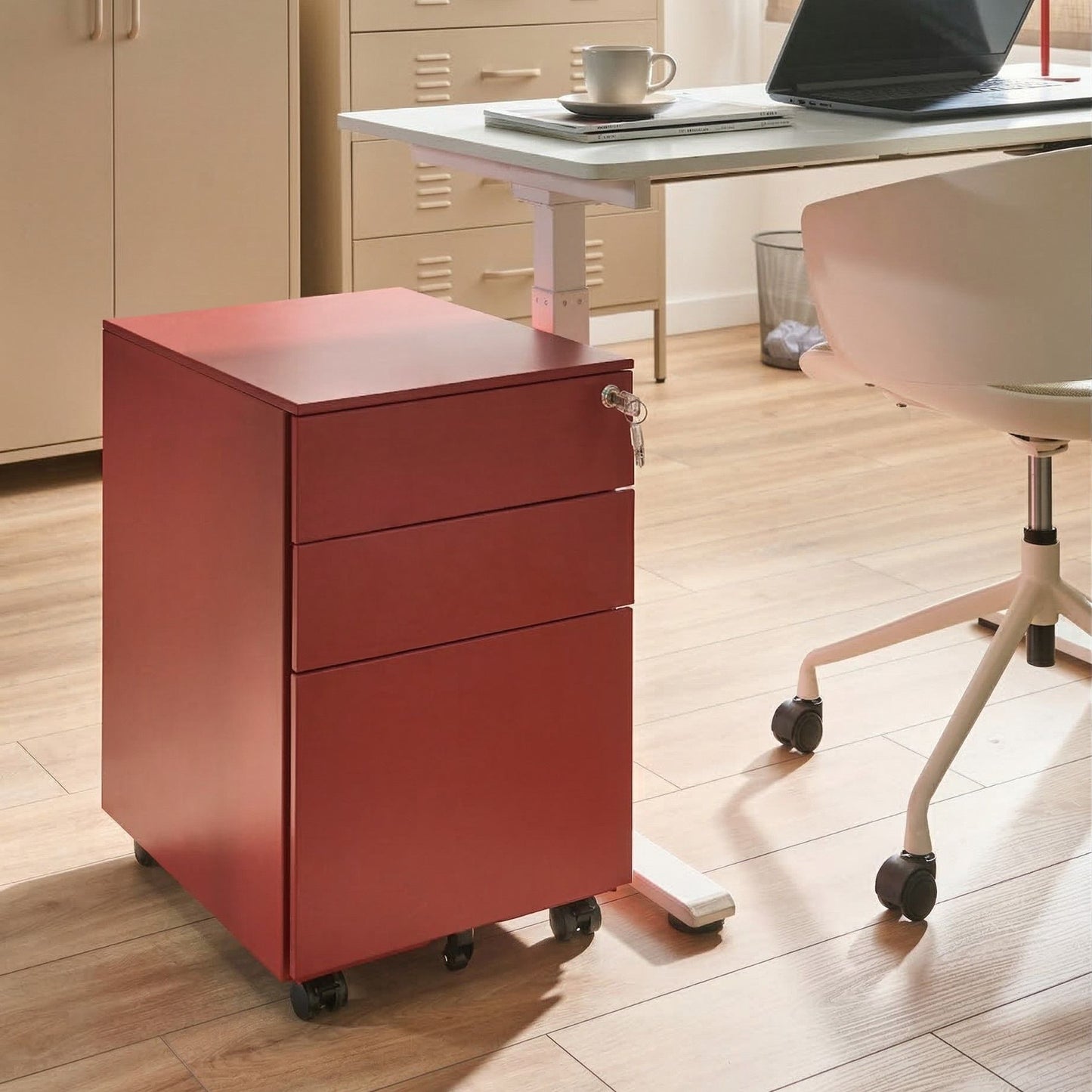 Red Metal Storage Cabinet With 3 Drawers Key Lock Castors