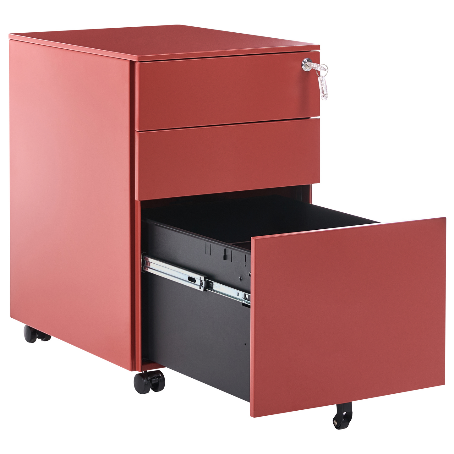 Red Metal Storage Cabinet With 3 Drawers Key Lock Castors