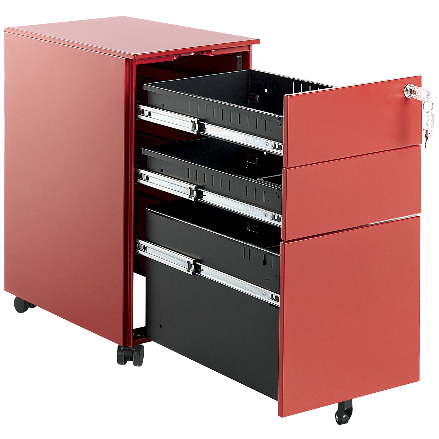 Red Metal Storage Cabinet With 3 Drawers Key Lock Castors