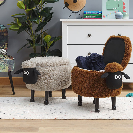 Pasture Pals Kids Grey Faux Fur Animal Stool With Hidden Storage And Sturdy Wooden Legs